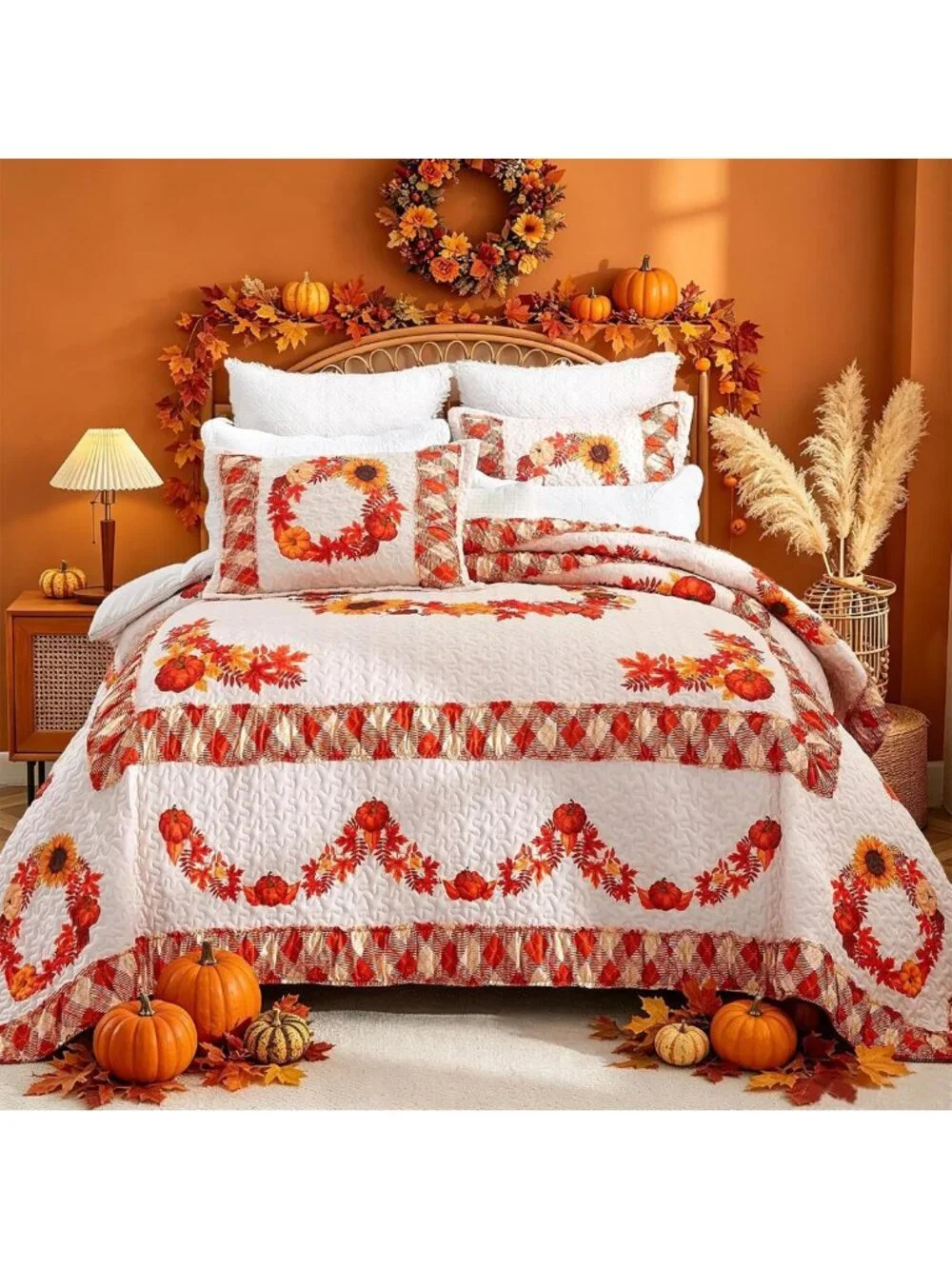 King Size Halloween Quilt Set - Reversible Orange Pumpkin Bedding for Fall Decor